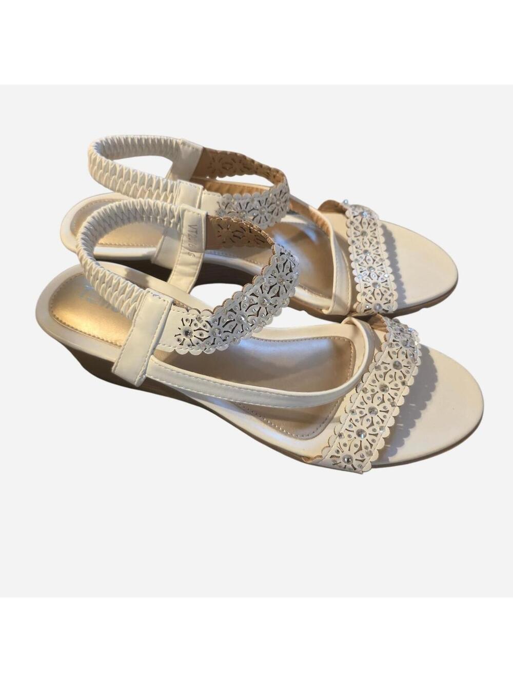 White lace-up sandals with decorative cut-out floral patterns small wedge 8.5